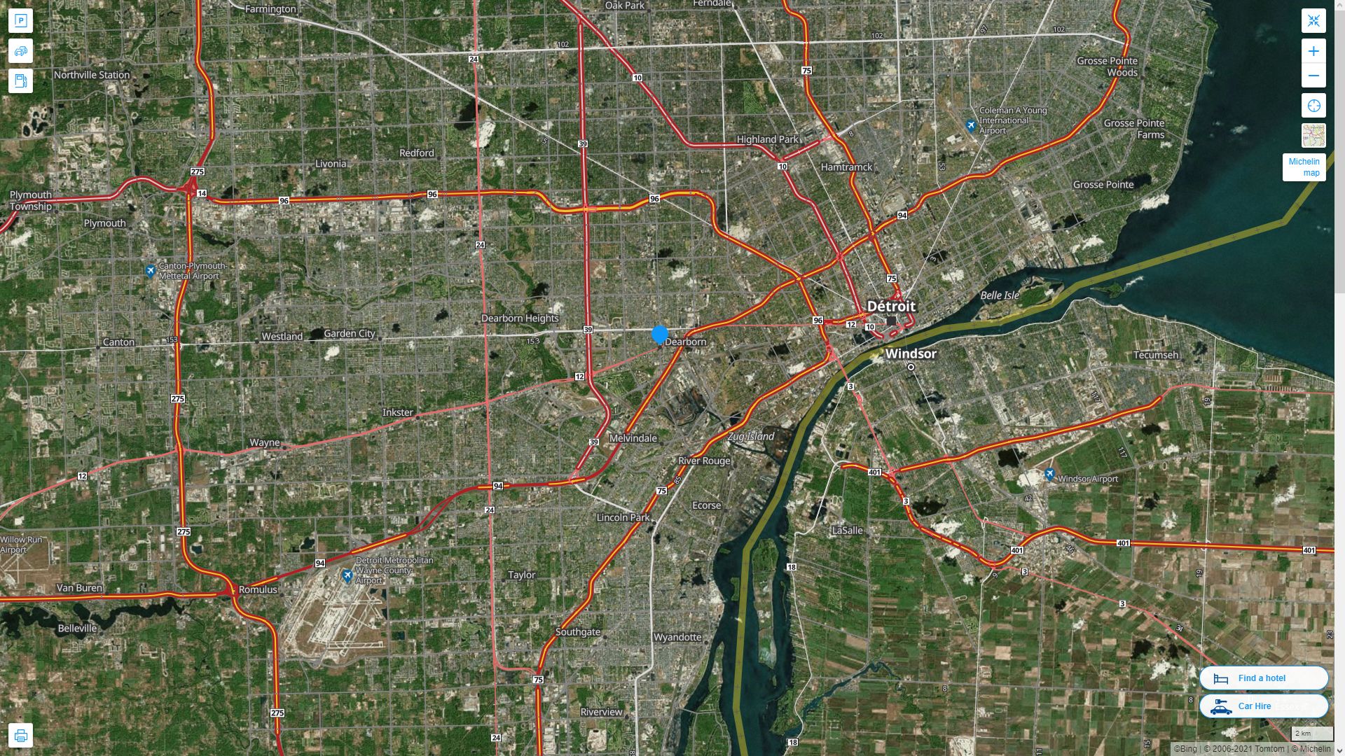 Dearborn Michigan Highway and Road Map with Satellite View